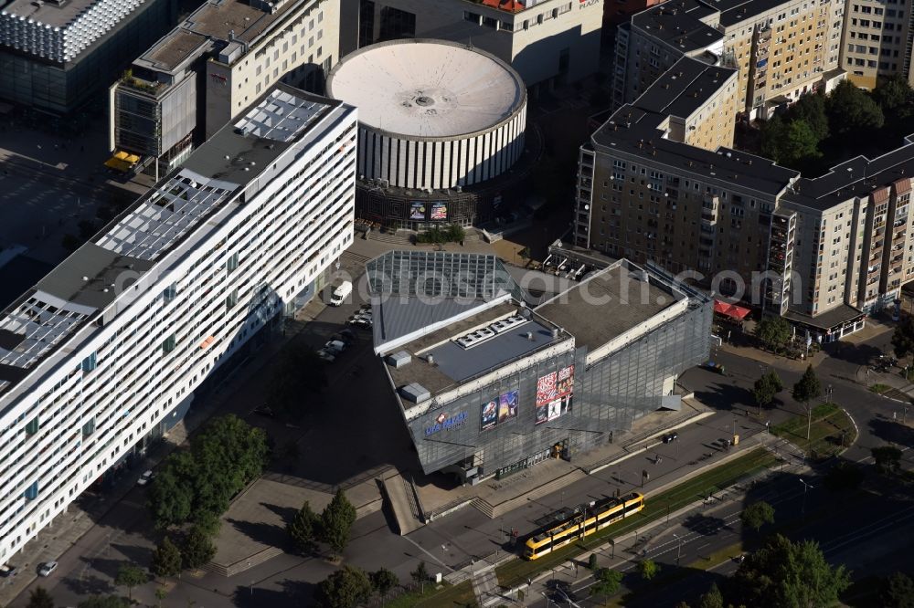 Dresden from above - Building of the cinema - movie theater Cineplex-Rundkino Dresden on Prager Str.asse in Dresden in the state Saxony