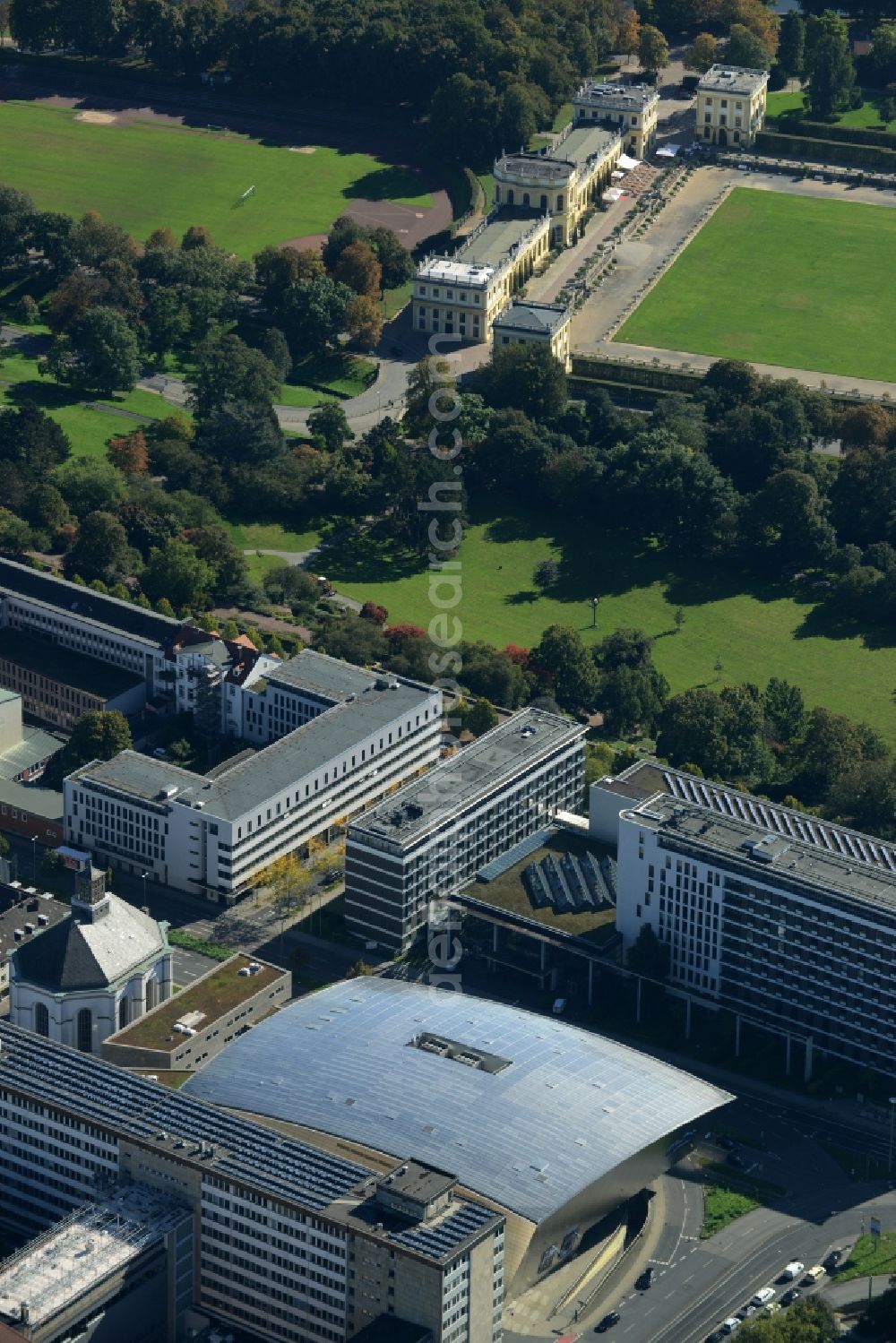 Kassel from above - Building of the cinema - movie theater on Karlsplatz in Kassel in the state Hesse