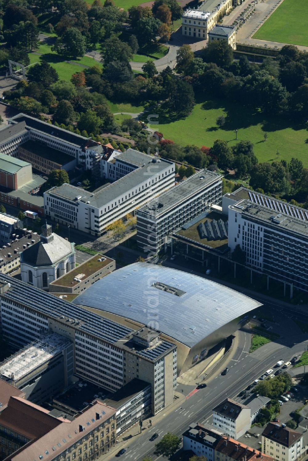 Kassel from the bird's eye view: Building of the cinema - movie theater on Karlsplatz in Kassel in the state Hesse