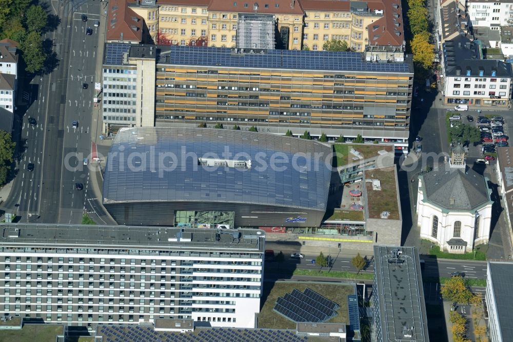 Kassel from above - Building of the cinema - movie theater on Karlsplatz in Kassel in the state Hesse