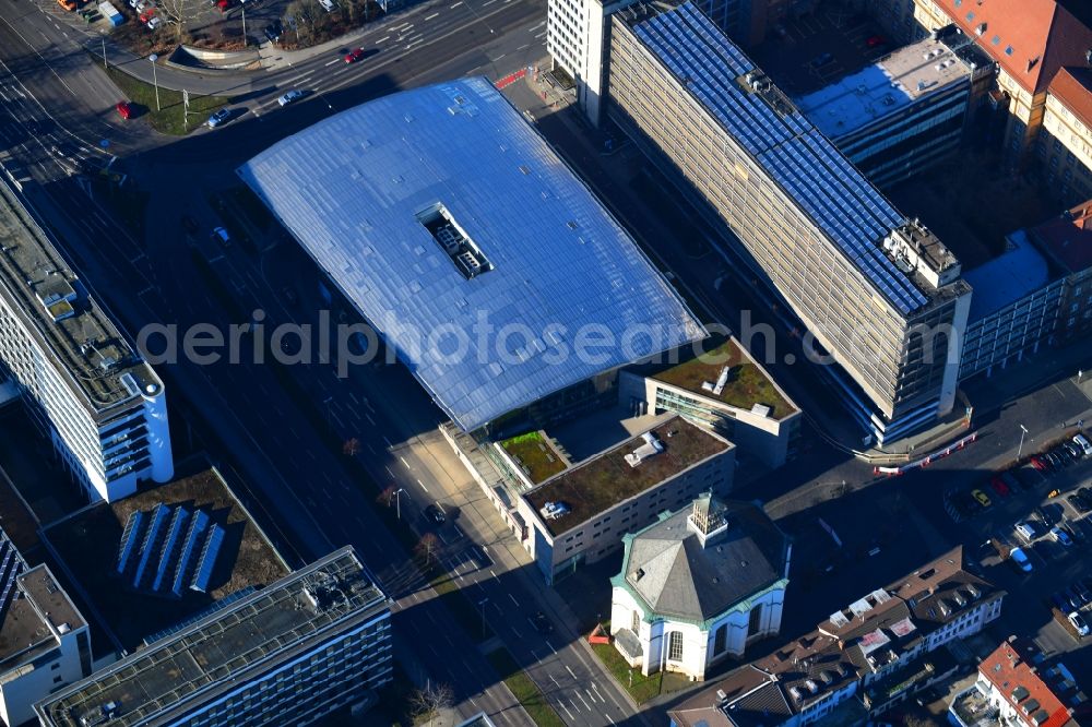 Aerial image Kassel - Building of the cinema - movie theater on Karlsplatz in Kassel in the state Hesse