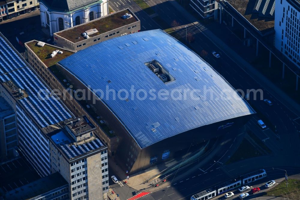 Aerial image Kassel - Building of the cinema - movie theater on Karlsplatz in Kassel in the state Hesse