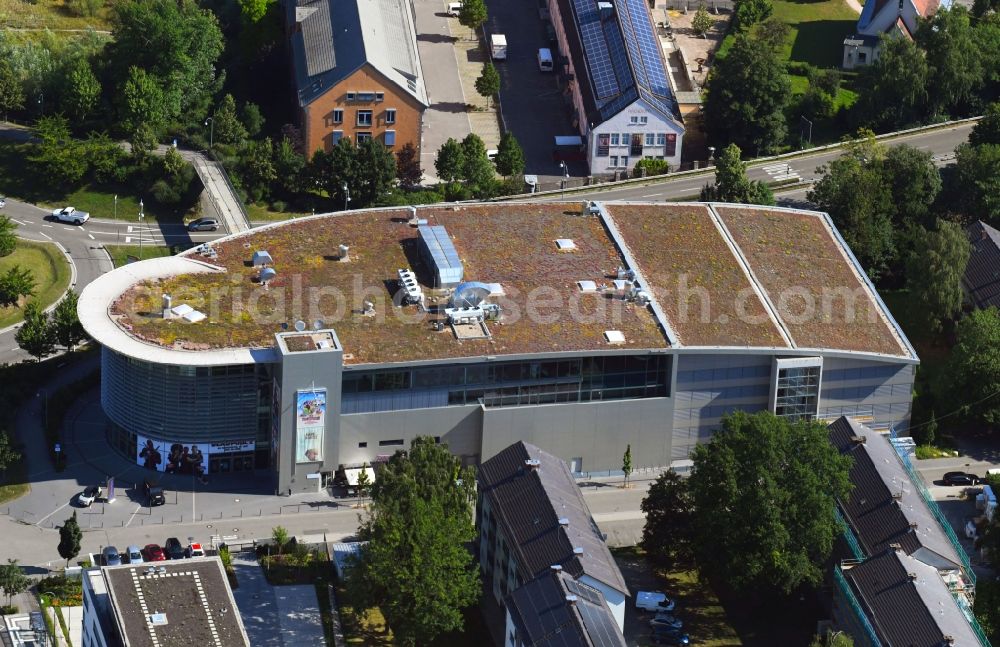 Baden-Baden from above - Building of the cinema - movie theater Cineplex on Ortenaustrasse in the district Oos in Baden-Baden in the state Baden-Wurttemberg, Germany