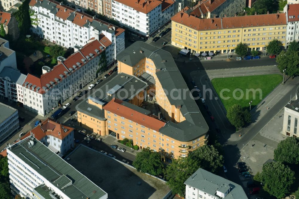 Berlin from the bird's eye view: Building of the cinema - movie theater BABYLON and apartment buildings an of Rosa-Luxemburg-Strasse - Hirtenstrasse - Kleine Alexanofstrasse - Weydingerstrasse in Berlin, Germany