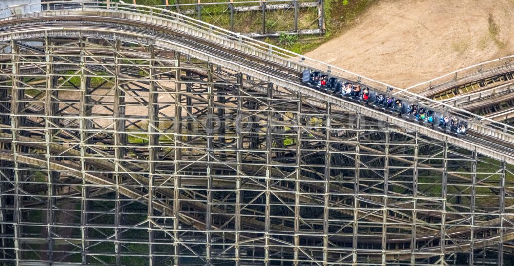 Bottrop from above - Wooden roller coaster The Bandit in the theme park and amusement park Movie Park Germany on Warner-Allee in Bottrop in the Ruhr area in the federal state of North Rhine-Westphalia, Germany