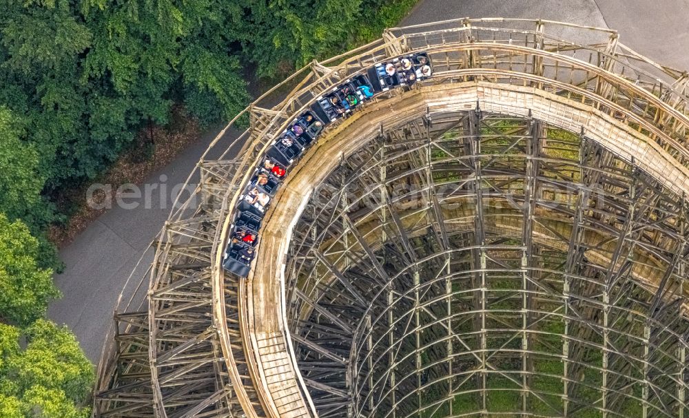 Aerial photograph Bottrop - Wooden roller coaster The Bandit in the theme park and amusement park Movie Park Germany on Warner-Allee in Bottrop in the Ruhr area in the federal state of North Rhine-Westphalia, Germany