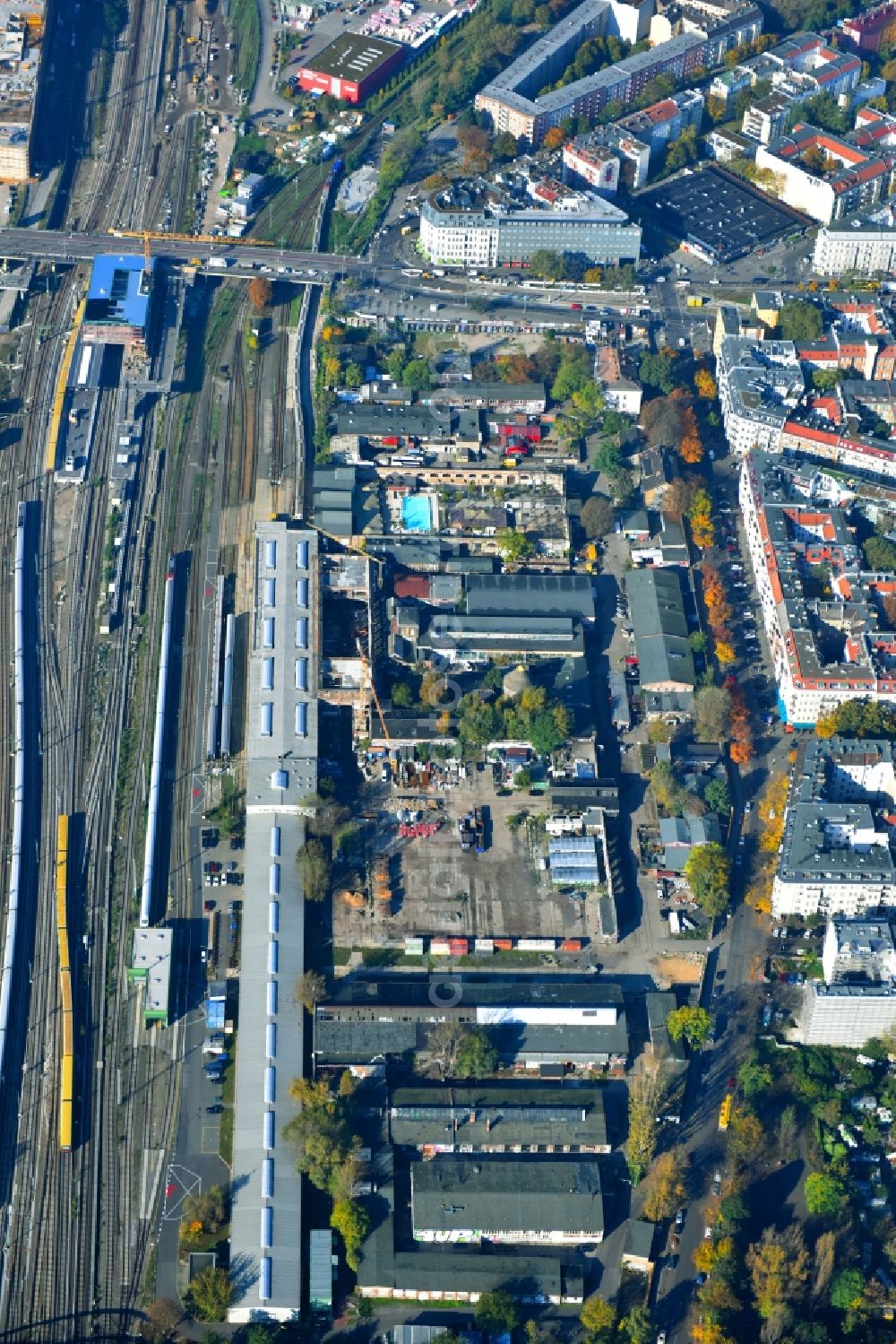 Berlin from above - Leisure Centre - Amusement Park RAW-Gelaende along the Revaler Strasse in the district Friedrichshain in Berlin, Germany