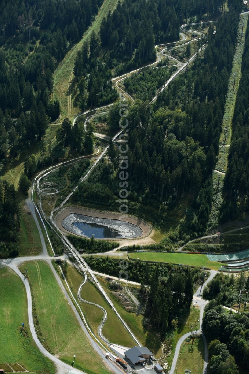 Bischofsgrün from above - Sport- and Leisure Centre of toboggan run Sommerrodelbahn Ochsenkopf in Bischofsgruen in the state Bavaria