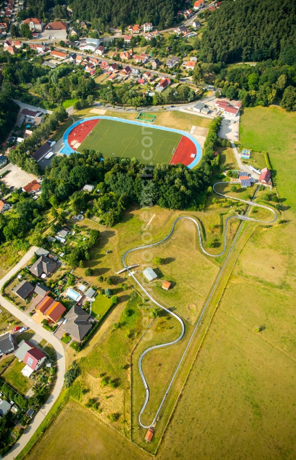 Aerial image Burg Stargard - Leisure center of the summer toboggan run at Teschendorfer avenue in Burg Stargard in the state Mecklenburg - Western Pomerania