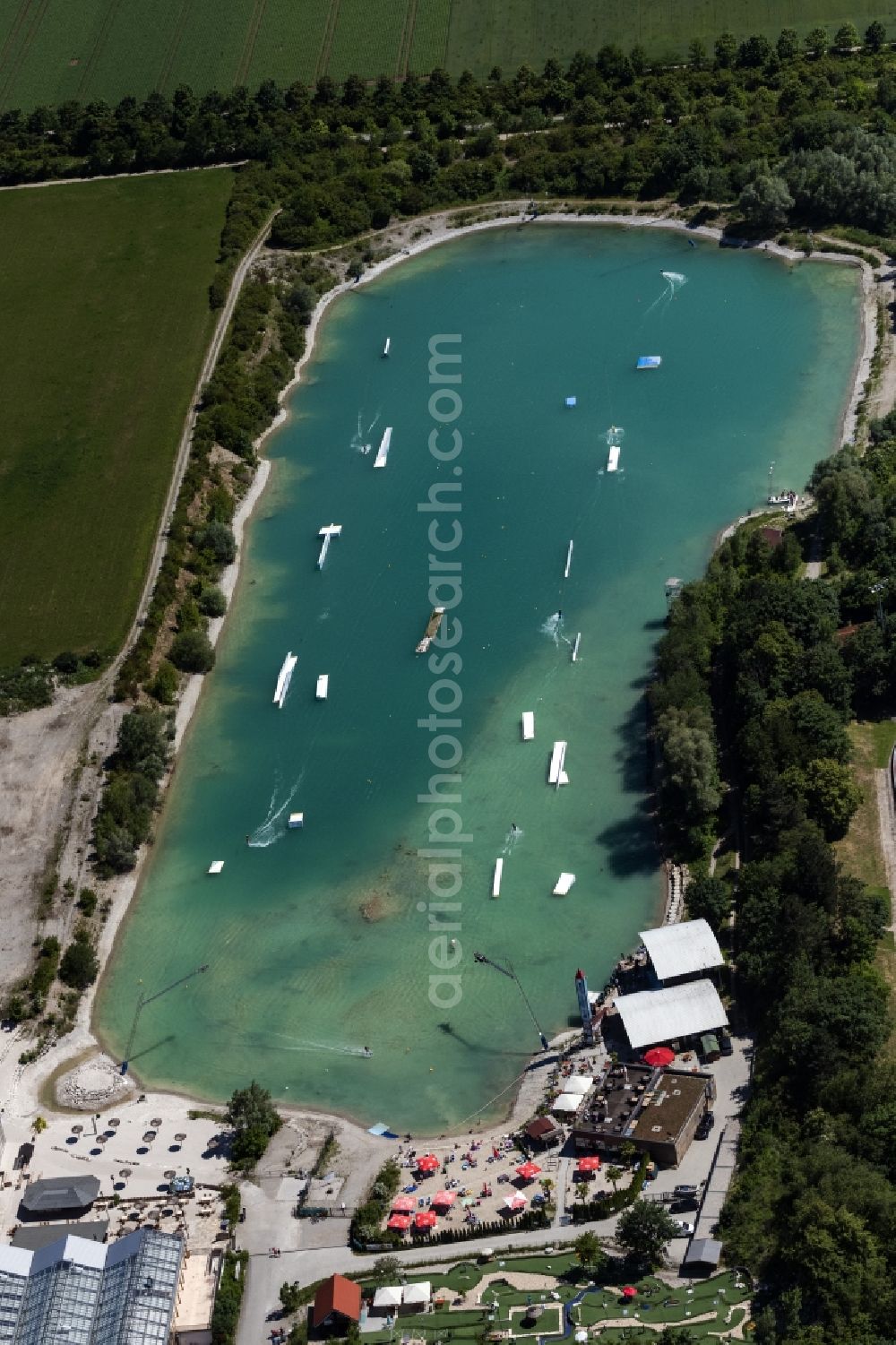 Aschheim from the bird's eye view: Leisure center of water skiing - racetrack in Aschheim in the state Bavaria, Germany