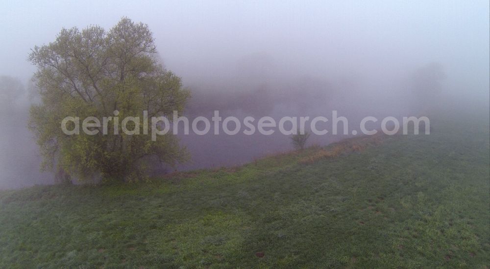 Olfen from above - Early fog landscape of meadows and fields at the Lippemäan der, lip loop of Lippeauen on the lip at Olfen in the state of North Rhine-Westphalia