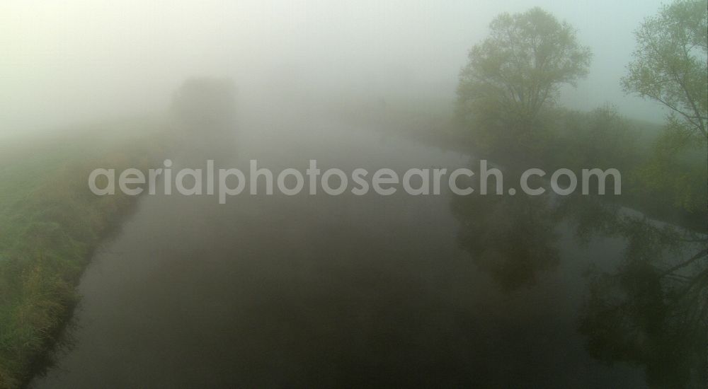 Aerial photograph Olfen - Early fog landscape of meadows and fields at the Lippemäan der, lip loop of Lippeauen on the lip at Olfen in the state of North Rhine-Westphalia