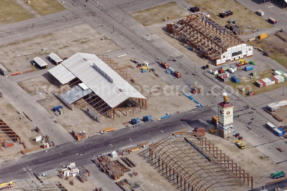 München from above - Early construction work of the tents at the fairgrounds of the Oktoberfest beer festival at the Theresienwiese in Munich in Bavaria