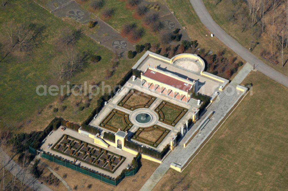 Berlin from above - Frühjahrsstimmung im Italienischen Renaissancegarten im Erholungspark Marzahn. Spring mood in the Italian Renaissance Garden in the Marzahn Recreational Park.