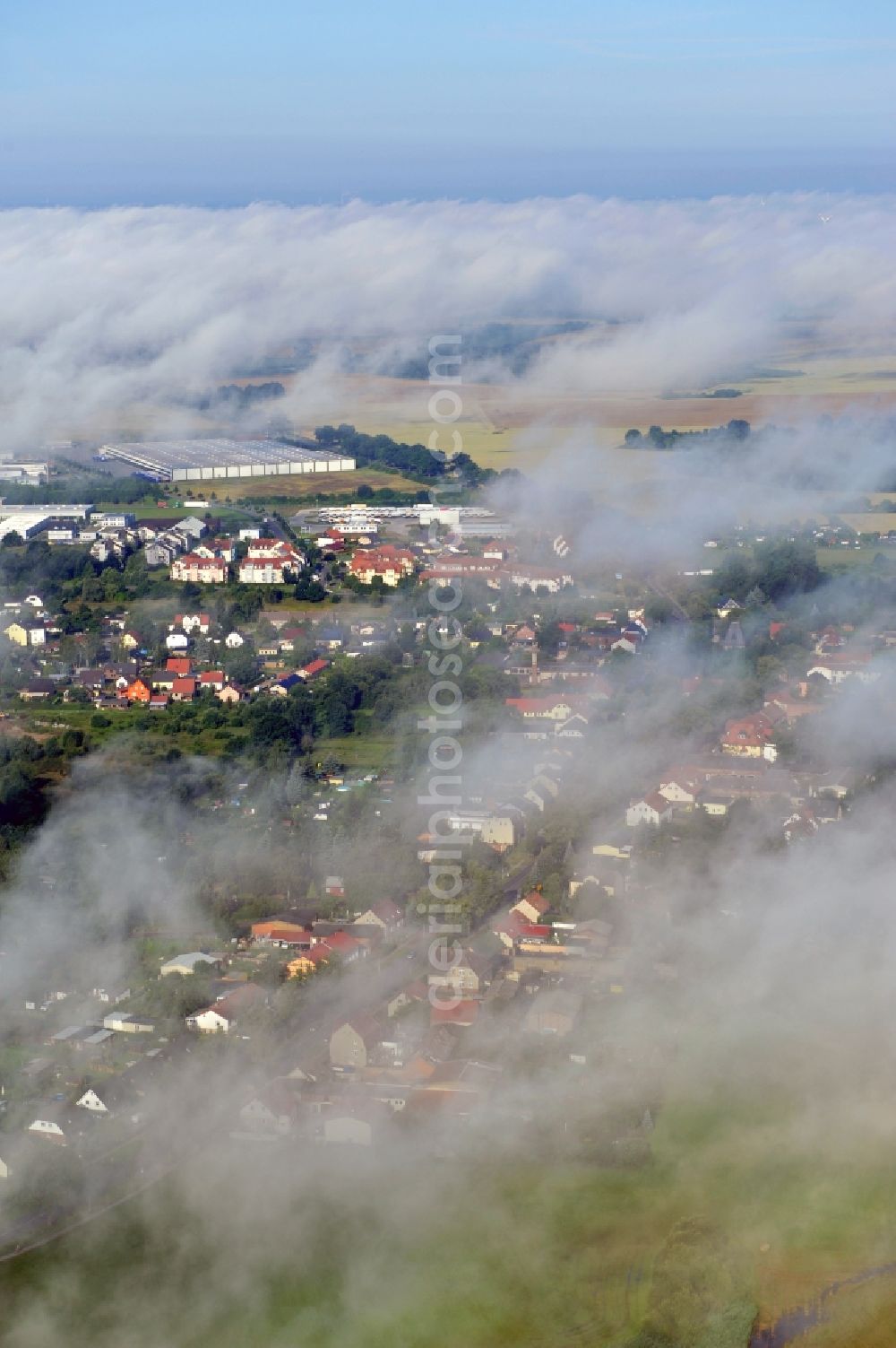 Aerial image Werneuchen - View at a new housing estate in Werneuchen OT Seefeld at Krummenseer Road in Brandenburg in the morning mist