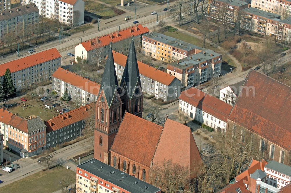 Aerial photograph Frankfurt (Oder) - Blick auf die Friedenskirche in Frankfurt (Oder). Die frühere Nicolaikirche ist der im Ursprung älteste Steinbau in Frankfurt (Oder). View of the Peace Church in Frankfurt (Oder). The former Nicolai Church is the oldest stone building in Frankfurt (Oder).