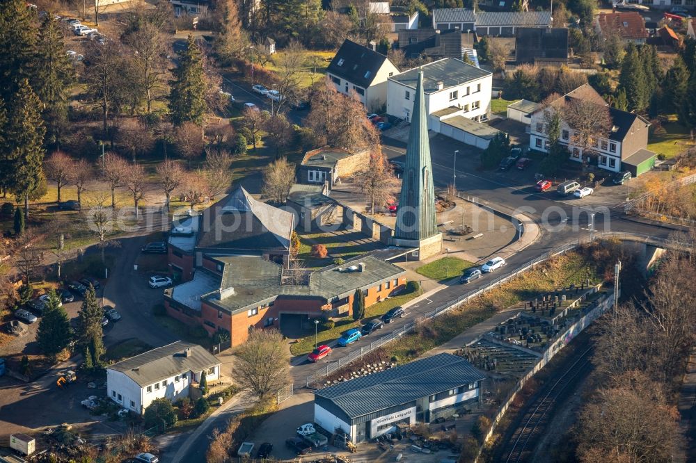 Lüdenscheid from above - Cemetery office Lued / Bruges on the grounds of the cemetery New Cemetery in Luedenscheid in the state of North Rhine-Westphalia, Germany