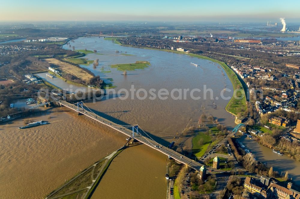 Aerial image Duisburg - The Friedrich-Ebert-Bridge connects the districts of Ruhrort and Homberg in Duisburg in the state of North Rhine-Westphalia via the banks of the Rhine