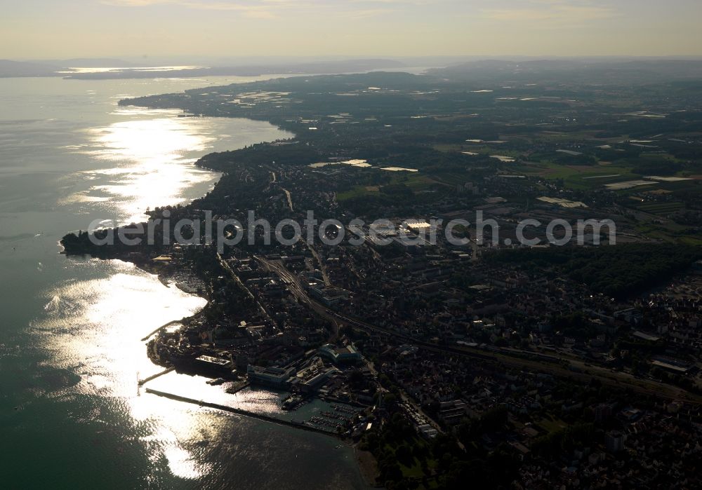 Aerial image Friedrichshafen - Friedrichshafen on the Lake Constance in the state of Baden-Württemberg. The university town is located on the northern shore of the lake. It is the district capital of the Lake Constance district, its largest town and the second largest on the lake after the city of Constance. View from the East on the shore