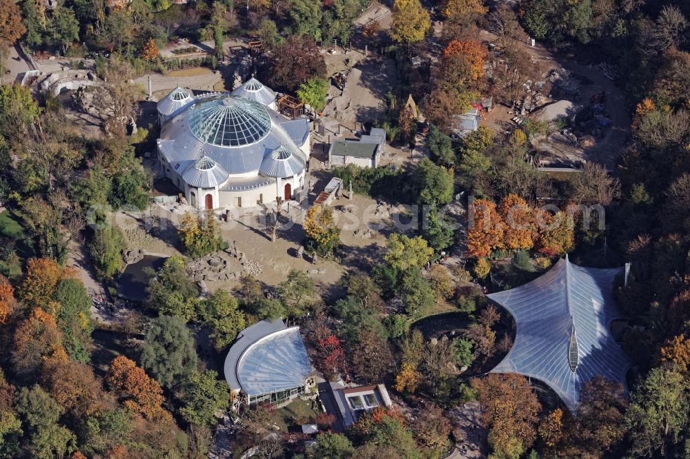 München from above - Zoo grounds Hellabrunn in Munich, Bavaria. The picture shows the monumentally protected elephant house immediately before reopening