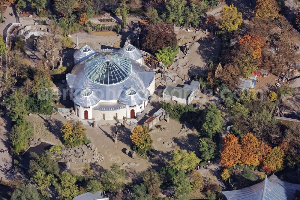 Aerial image München - Zoo grounds Hellabrunn in Munich, Bavaria. The picture shows the monumentally protected elephant house immediately before reopening