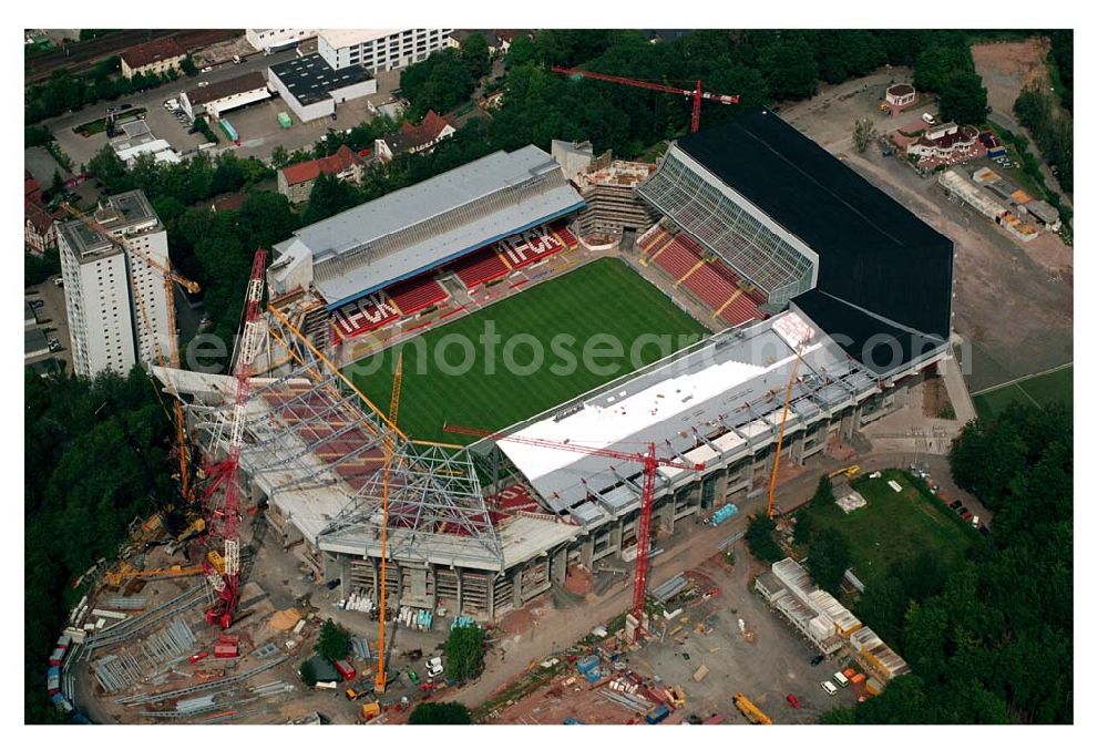 Aerial photograph Kaiserslautern (Rheinland-Pfalz ) - Blick auf das Fritz-Walter-Stadion des 1. FC Kaiserslautern. Der Erweiterungbau seit 2002 auf 48.500 Sitzplätze (Osterweiterung) wird im November 2005 abgeschlossen sein. Das Fritz-Walter-Stadion ist einer von 12 Austragungsorte bei der Fußball WM 2006.The Fritz-Walter soccer stadium in Kaiserslautern is seen in this August 28, 2005 file picture.