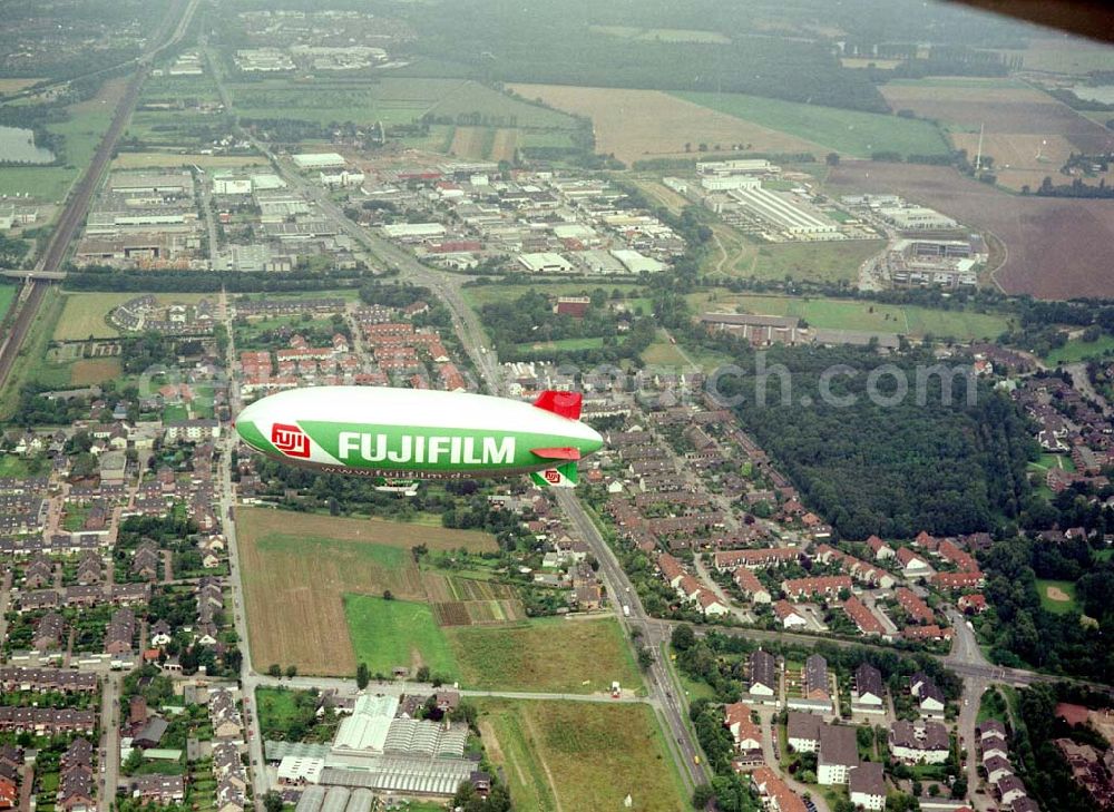 Langerwehe from the bird's eye view: FUJI-Werbezeppelin der WDL über Langerwehe.