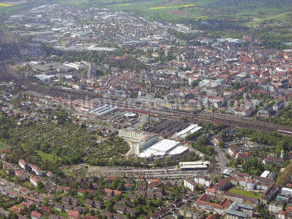 Fulda from above - Blick auf das Stadtzentrum von 36037 Fulda / Hessen, im Hintergrund ist der Bahnhof von Fulda zu sehen.