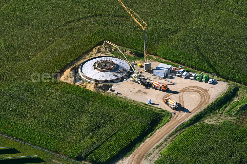 Gerdshagen from above - Construction site for the construction of the steel reinforcement of the foundation for the wind turbine tower assembly on a field in Gerdshagen in the state Brandenburg, Germany