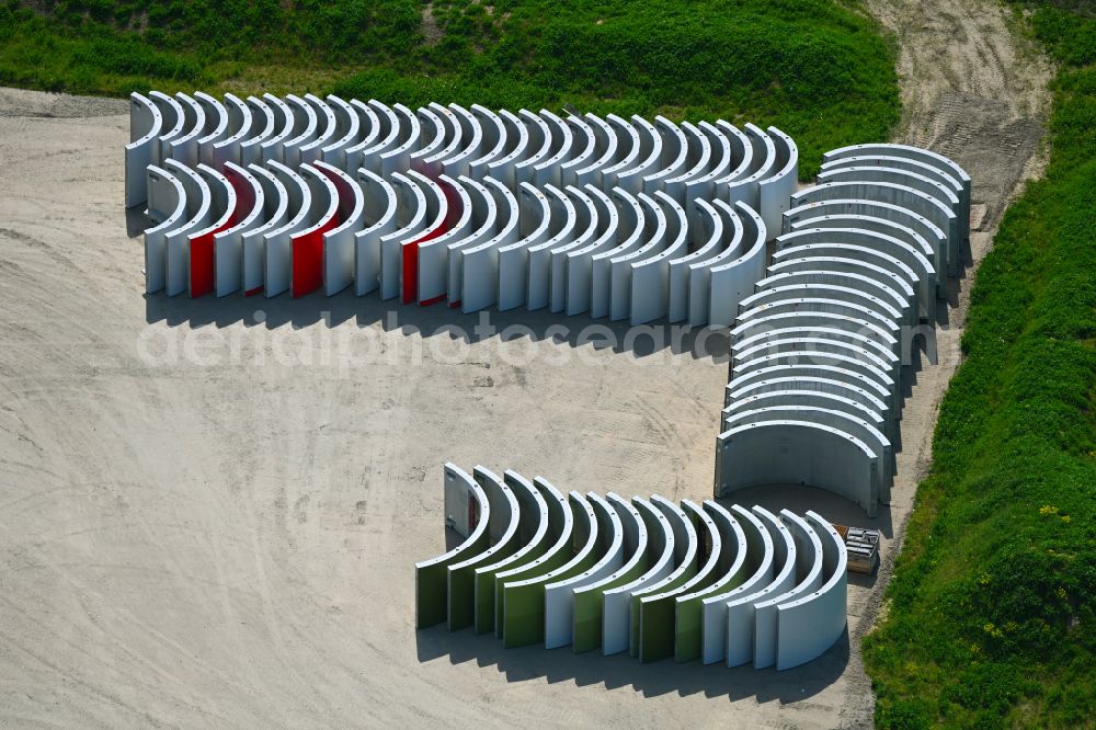 Krummensee from above - Construction site for the construction of a steel and concrete foundation in a circular shape as a base for the installation of a WEA wind turbine - wind turbine on street Wegendorfer Weg in Krummensee in the state Brandenburg, Germany