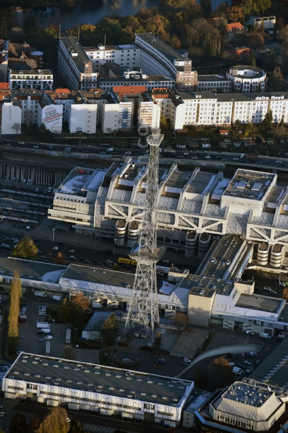 Berlin from the bird's eye view: Radio Tower and the ICC congress center on Messedamm in Charlottenburg district of Berlin in Germany