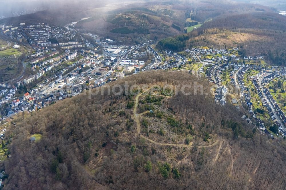 Aerial image Siegen - Radio tower and transmitter on the crest of the mountain range Haeusling in Siegen on Siegerland in the state North Rhine-Westphalia, Germany