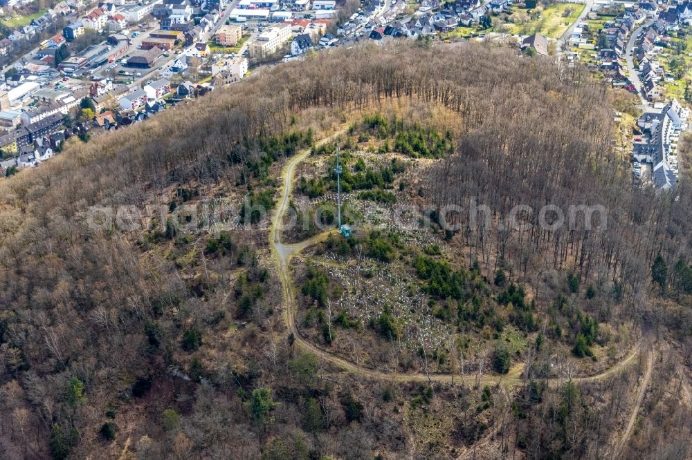 Aerial photograph Siegen - Radio tower and transmitter on the crest of the mountain range Haeusling in Siegen on Siegerland in the state North Rhine-Westphalia, Germany