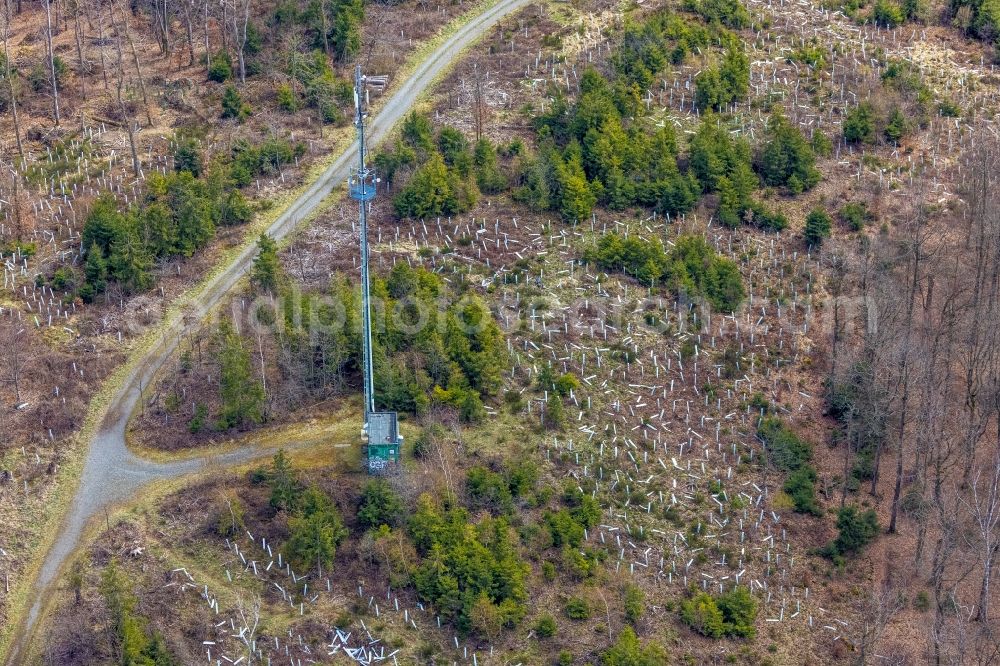 Siegen from above - Radio tower and transmitter on the crest of the mountain range Haeusling in Siegen on Siegerland in the state North Rhine-Westphalia, Germany