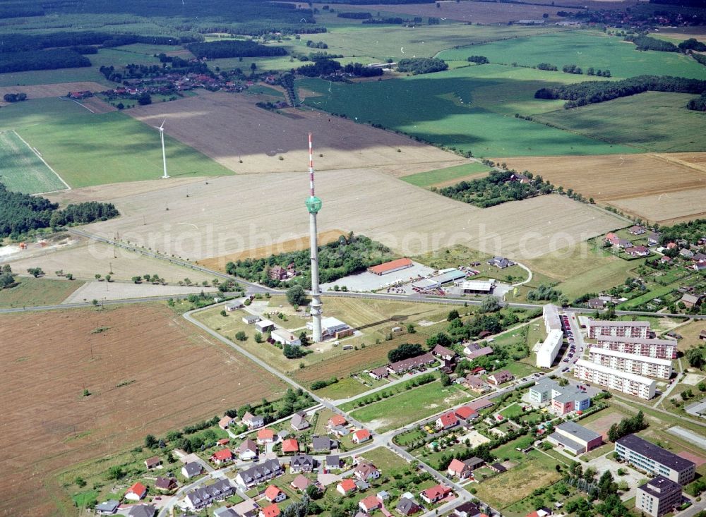 Calau from above - Funkturm and transmission system as basic network transmitter in Calau in the state Brandenburg, Germany