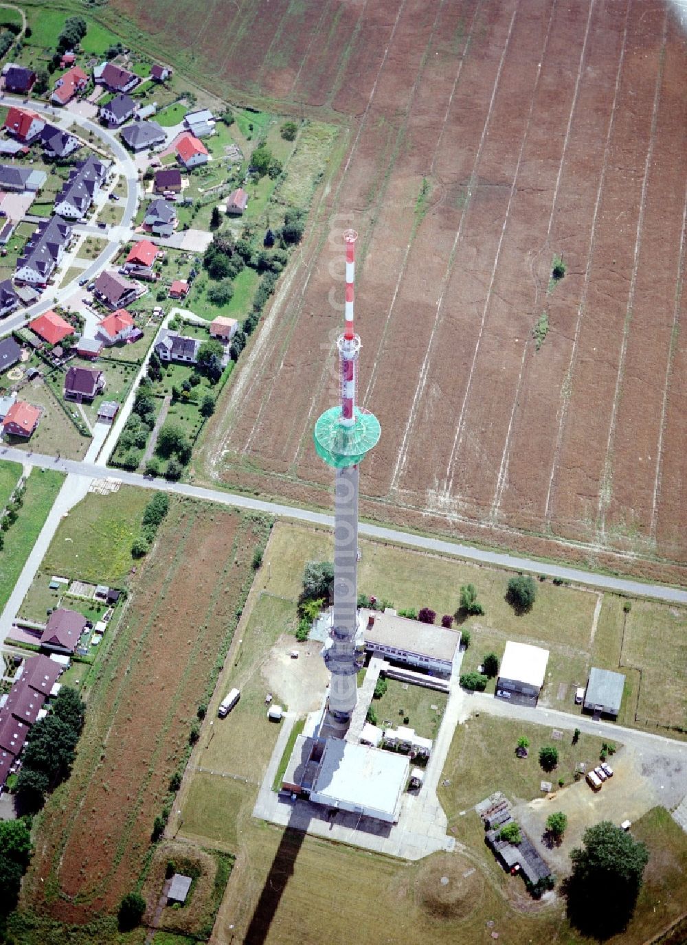 Calau from above - Funkturm and transmission system as basic network transmitter in Calau in the state Brandenburg, Germany