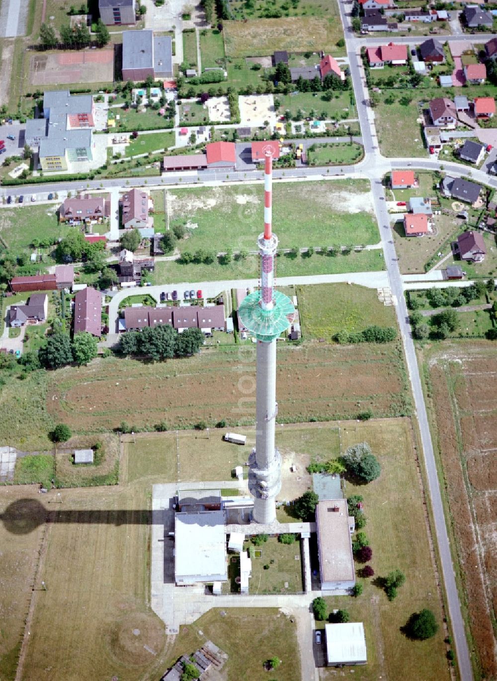 Calau from above - Funkturm and transmission system as basic network transmitter in Calau in the state Brandenburg, Germany