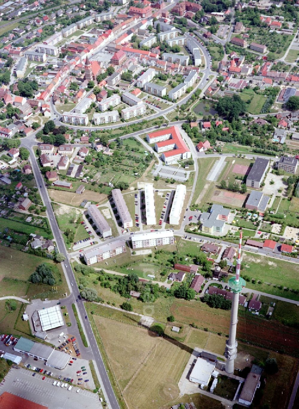 Calau from above - Funkturm and transmission system as basic network transmitter in Calau in the state Brandenburg, Germany