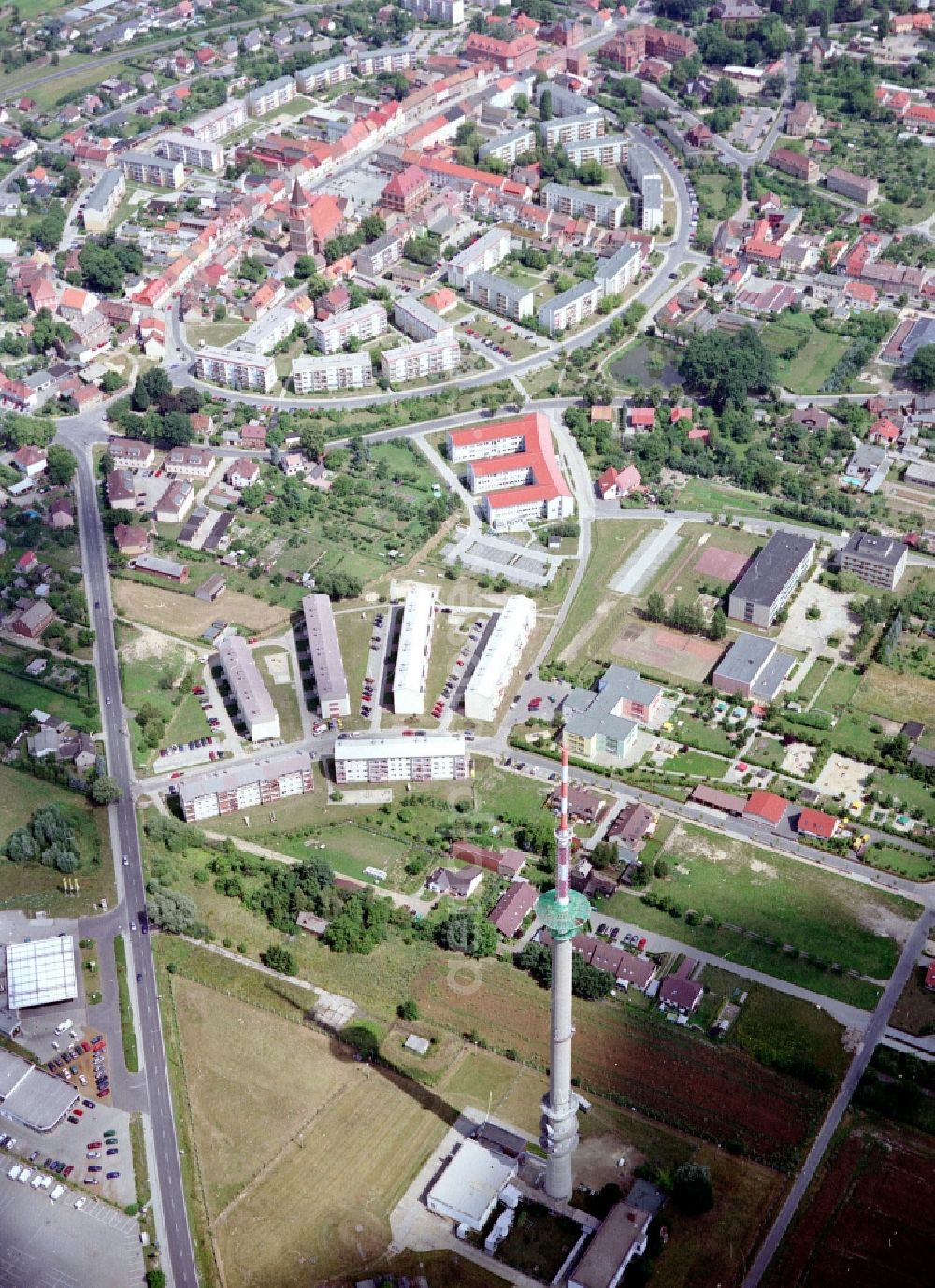 Calau from the bird's eye view: Funkturm and transmission system as basic network transmitter in Calau in the state Brandenburg, Germany