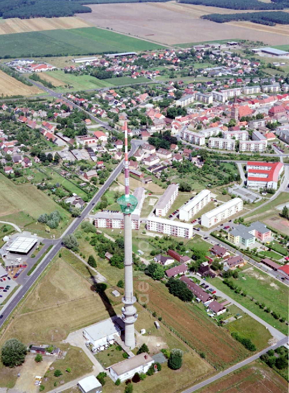 Calau from above - Funkturm and transmission system as basic network transmitter in Calau in the state Brandenburg, Germany