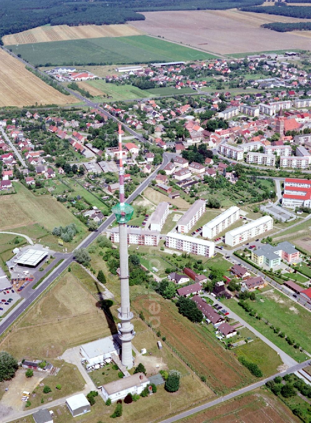 Calau from the bird's eye view: Funkturm and transmission system as basic network transmitter in Calau in the state Brandenburg, Germany