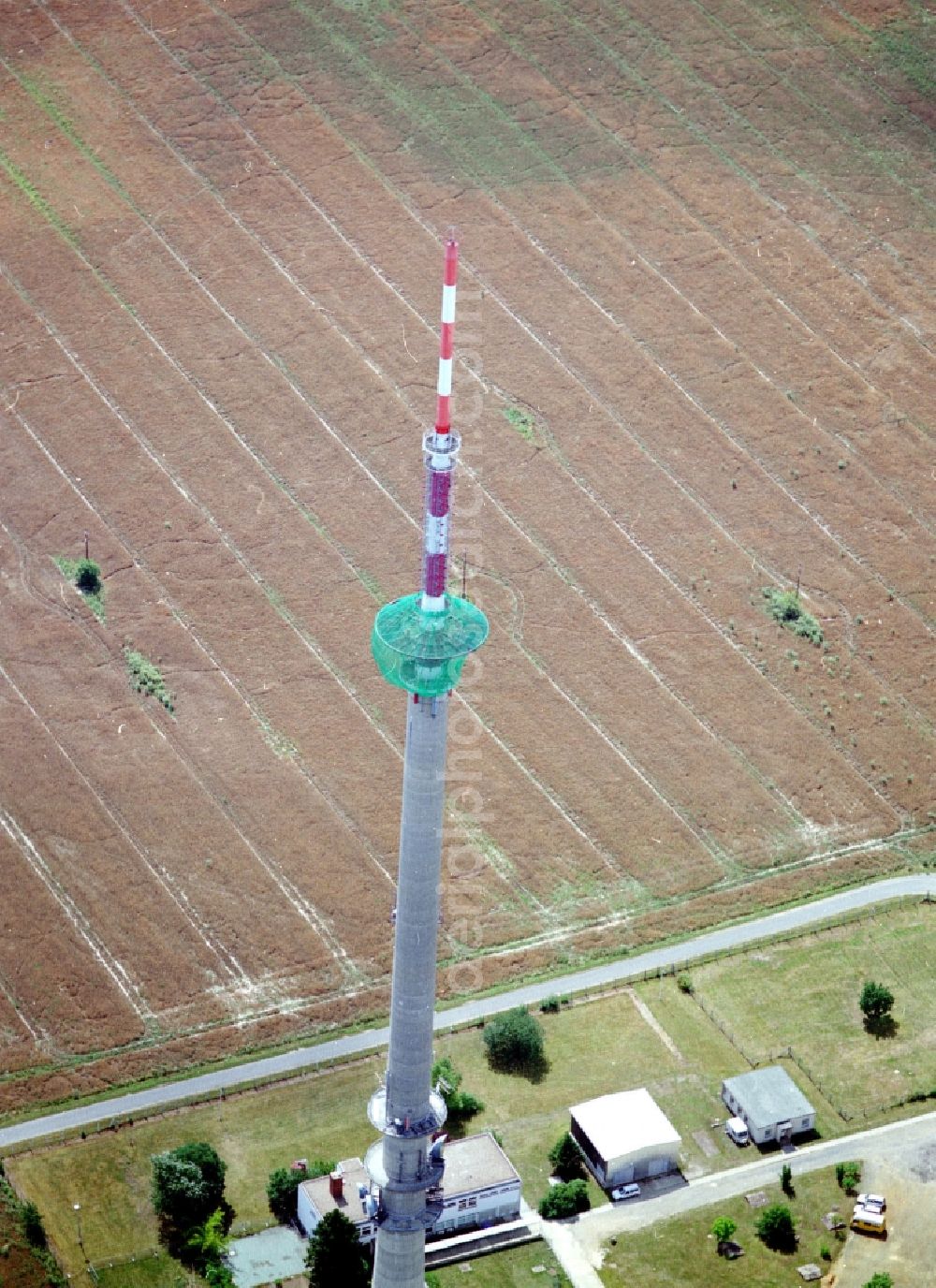 Calau from above - Funkturm and transmission system as basic network transmitter in Calau in the state Brandenburg, Germany