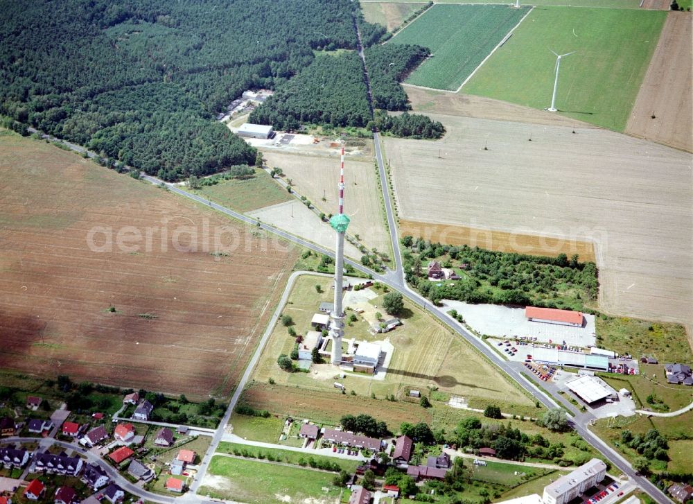 Calau from above - Funkturm and transmission system as basic network transmitter in Calau in the state Brandenburg, Germany