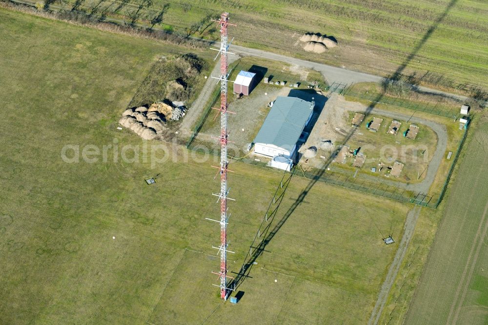 Falkenberg from the bird's eye view: Funkturm and transmission system as basic network transmitter in Falkenberg in the state Brandenburg, Germany