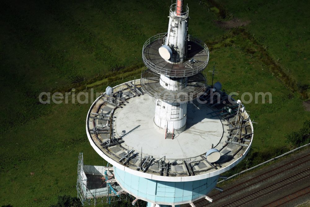 Aerial image Heide - Funkturm and transmission system as basic network transmitter and Fernmeldeturm on street Neuwerkstrasse in Heide in the state Schleswig-Holstein, Germany