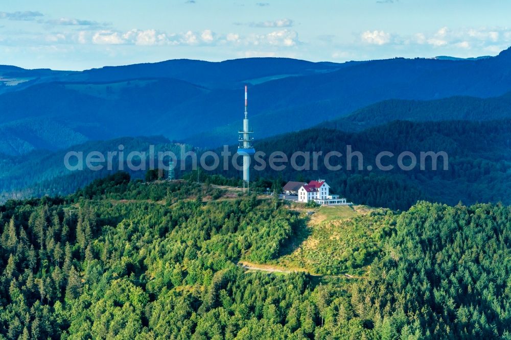 Schliengen from above - Funkturm and transmission system as basic network transmitter Hoch Blauen in Schliengen in the state Baden-Wurttemberg, Germany