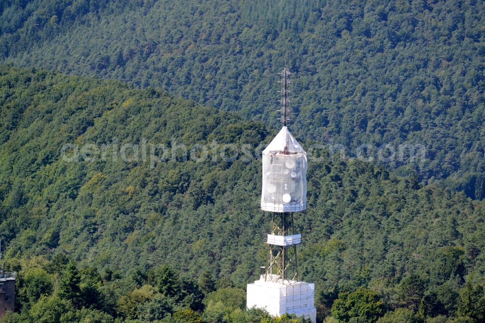 Aerial photograph Maikammer - Radio tower and transmitter on the highest mountain of the Palatinate Forest, the Kalmit in Maikammer in the state Rhineland-Palatinate. Currently, renovation work will take place through the Werner Diener GmbH & Co. Industrieanstrich KG