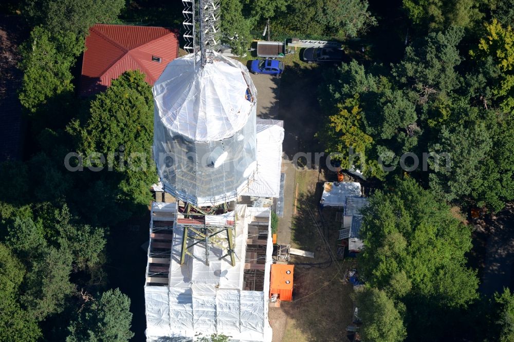 Aerial photograph Maikammer - Radio tower and transmitter on the highest mountain of the Palatinate Forest, the Kalmit in Maikammer in the state Rhineland-Palatinate. Currently, renovation work will take place through the Werner Diener GmbH & Co. Industrieanstrich KG