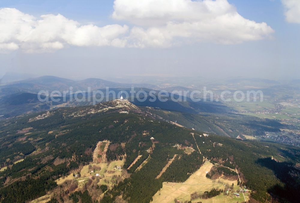 Reichenberg, Liberec from above - Radio tower and transmitter and hotel on the crest of the mountain range in Liberec in the Czech Republic