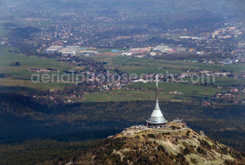 Reichenberg, Liberec from the bird's eye view: Radio tower and transmitter and hotel on the crest of the mountain range in Liberec in the Czech Republic